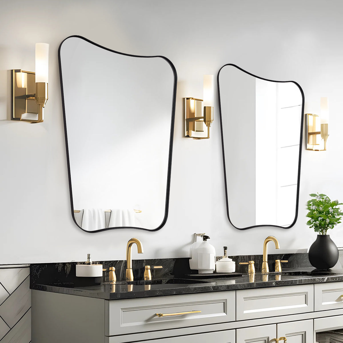 Concave Top Rectangle Irregular Scalloped Bathroom Vanity Mirror Asymmetrical Mirror in Stainless Steel Metal Frame