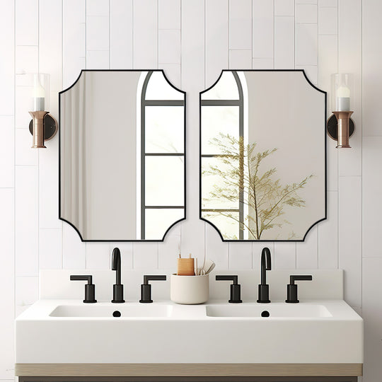 Contemporary  Notched Corner Scalloped  Rectangle Bathroom Wall Mirror | Stainless Steel Frame