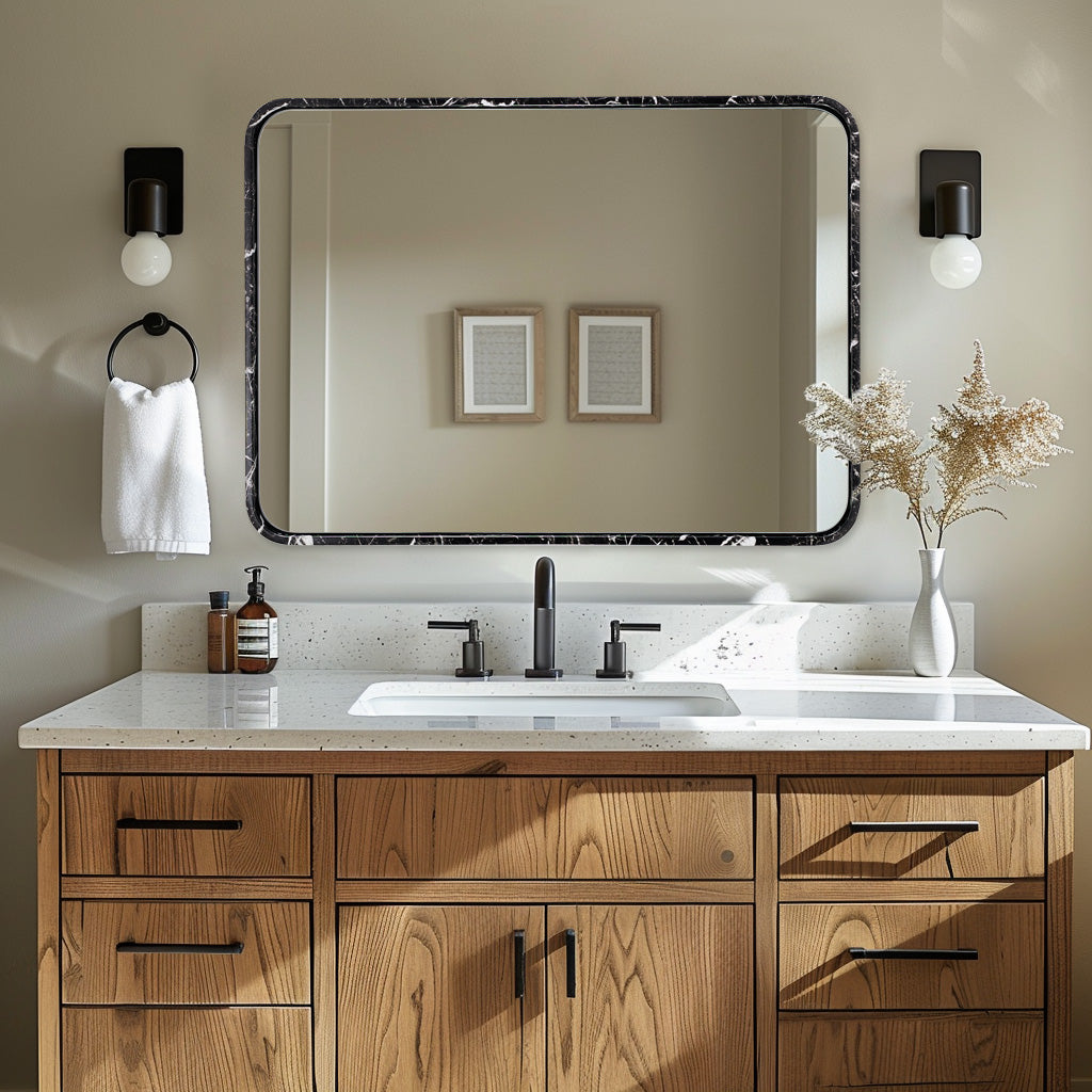 Contemporary Marble Framed Rectangle Wall Mirror for Bathroom Vanity