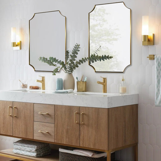 Contemporary  Notched Corner Scalloped  Rectangle Bathroom Wall Mirror | Stainless Steel Frame