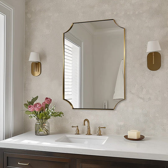 Contemporary  Notched Corner Scalloped  Rectangle Bathroom Wall Mirror | Stainless Steel Frame