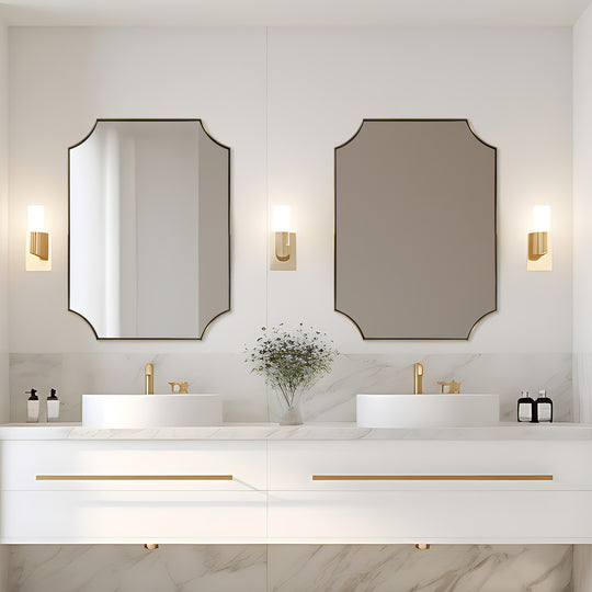 Contemporary  Notched Corner Scalloped  Rectangle Bathroom Wall Mirror | Stainless Steel Frame