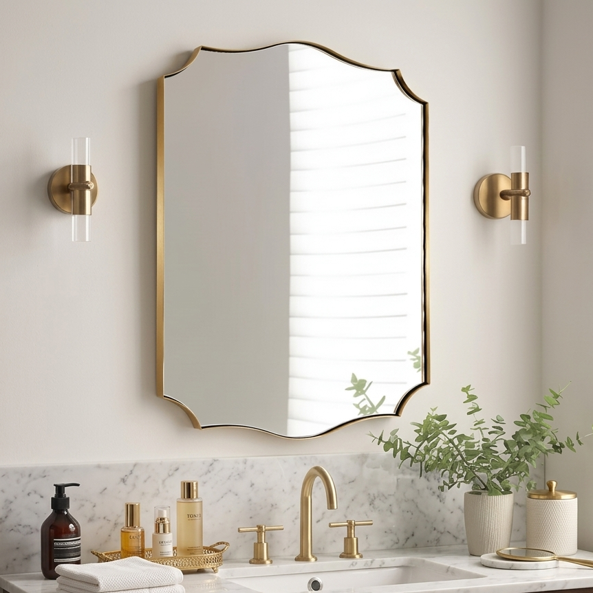 Traditional Rectangle Scalloped  Wall Mirror for Bathroom | Stainless Steel Frame