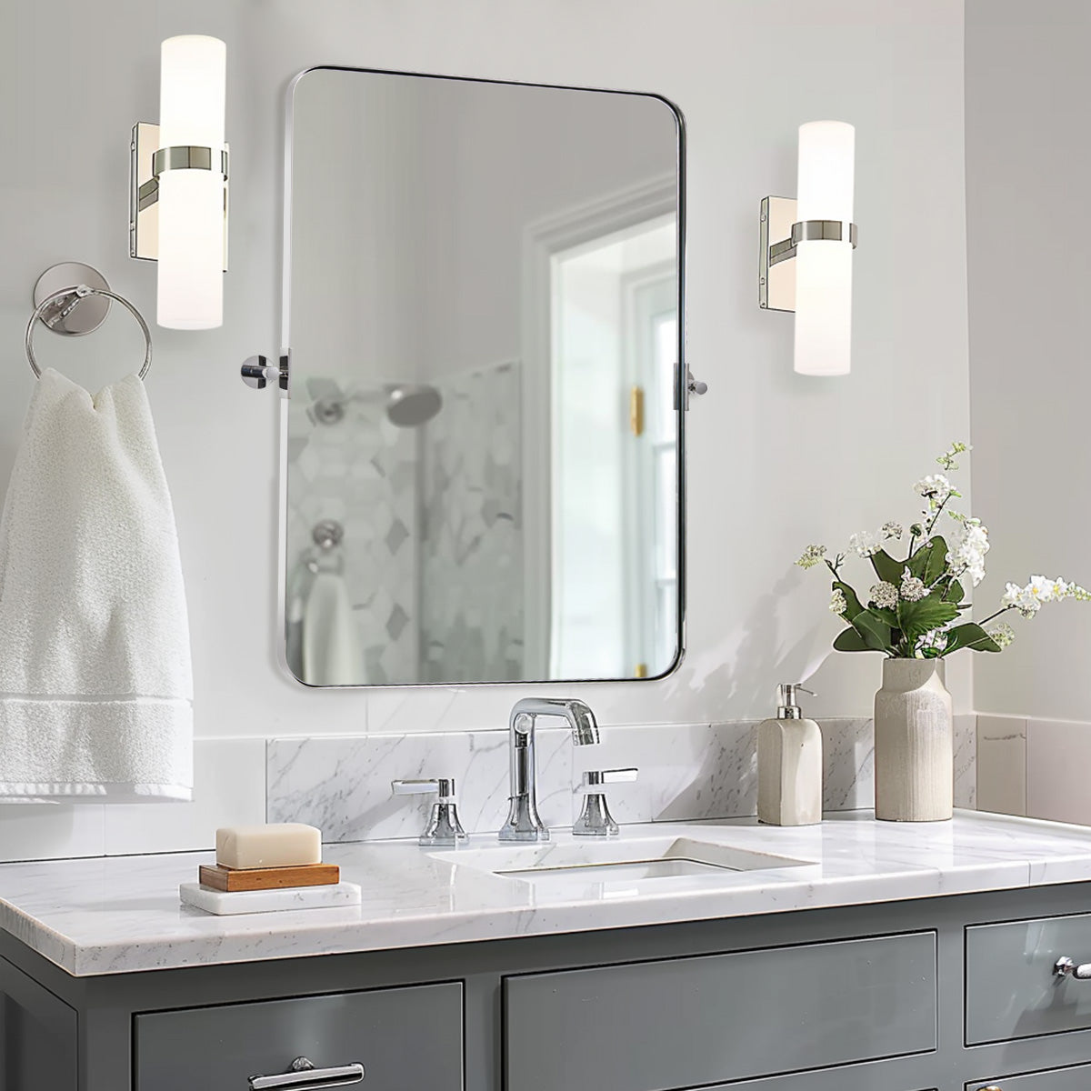 Open Box Like New: Tilting Pivot Rectangular Bathroom Mirrors | Stainless Steel Frame