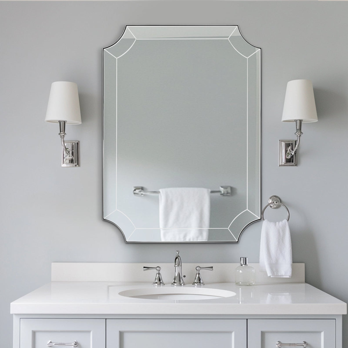 Minuette Glass Tiles Edge Scalloped Bathroom Vanity Mirrors | Stainless Steel Frame