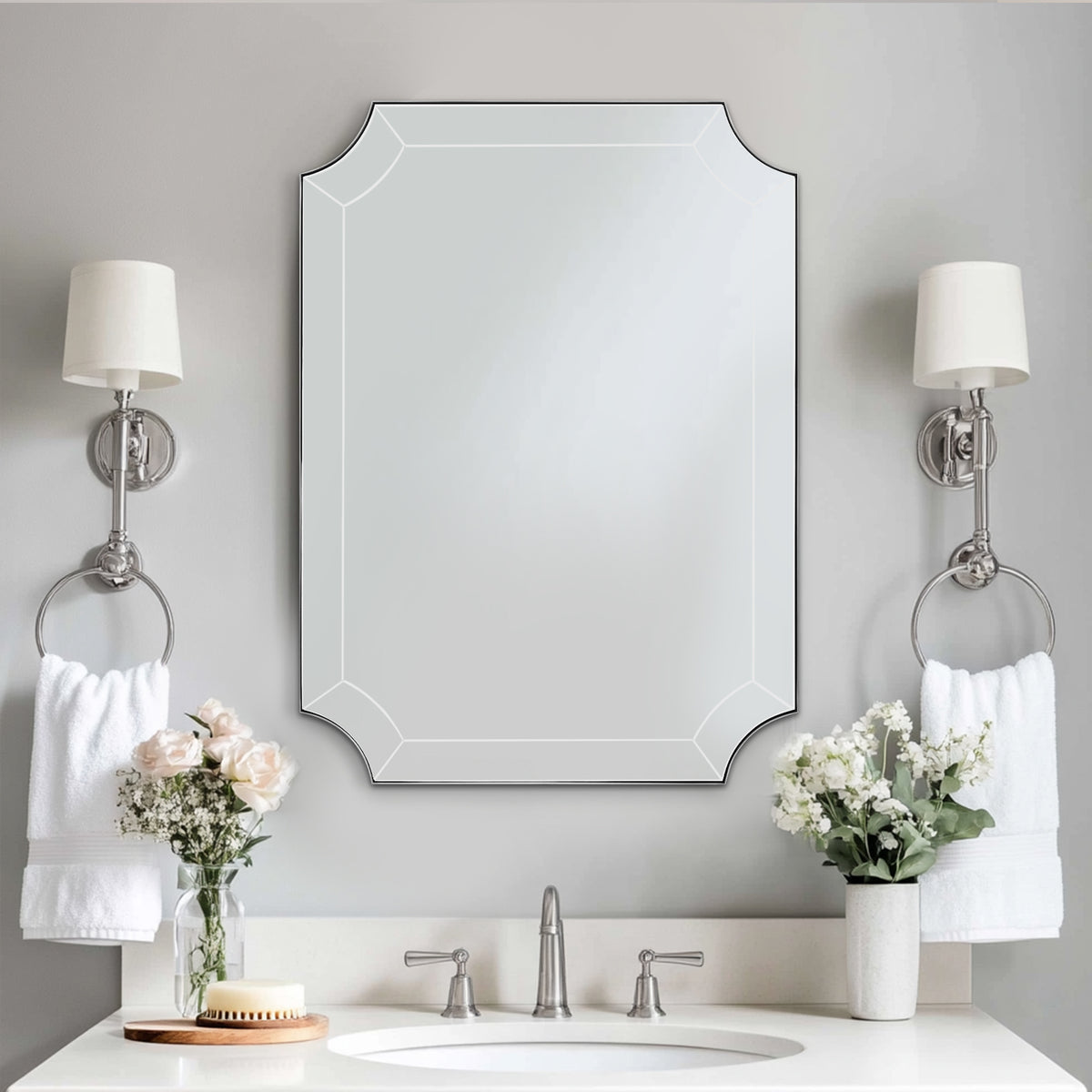Modern Glass Tiles Edge Cut Corner Scalloped Bathroom Vanity Mirrors | Stainless Steel Frame