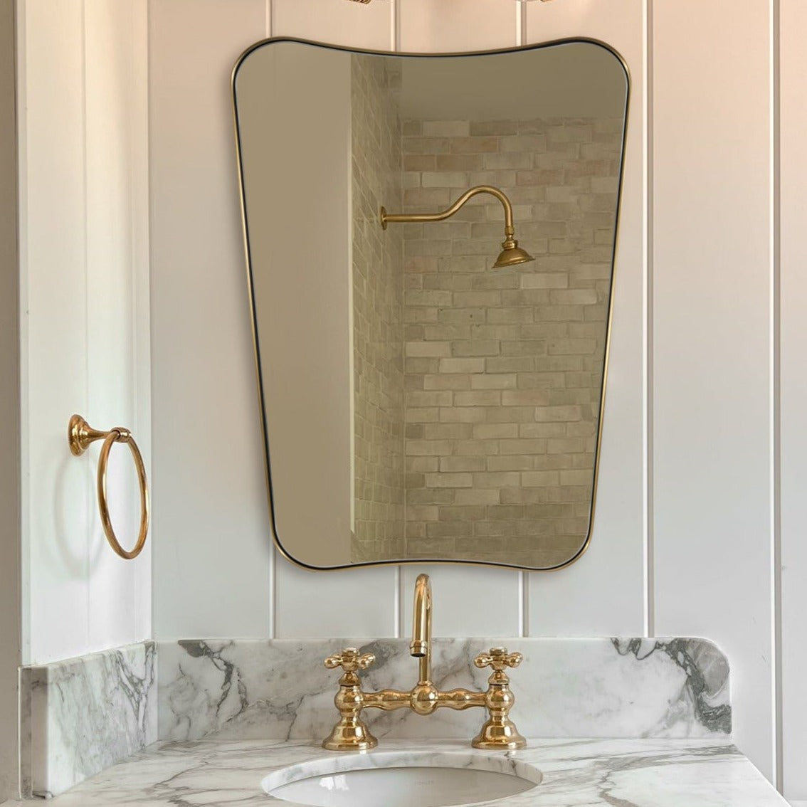 Concave Top Rectangular Scalloped Mirror, Brushed Gold