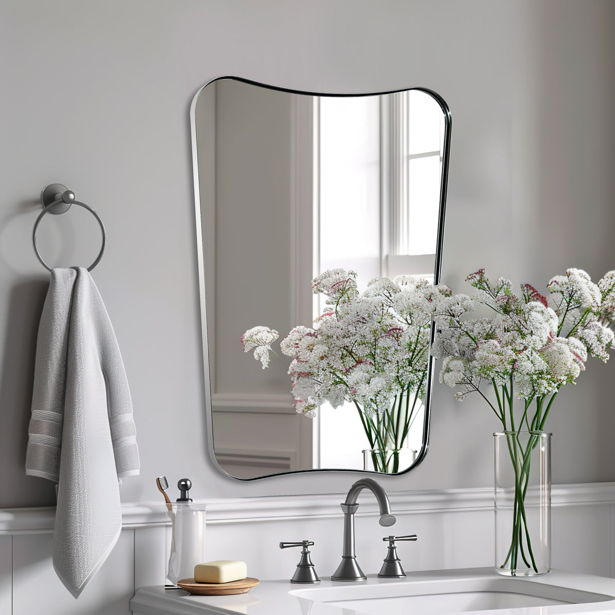 Concave Top Rectangle Irregular Scalloped Bathroom Vanity Mirror Asymmetrical Mirror in Stainless Steel Metal Frame