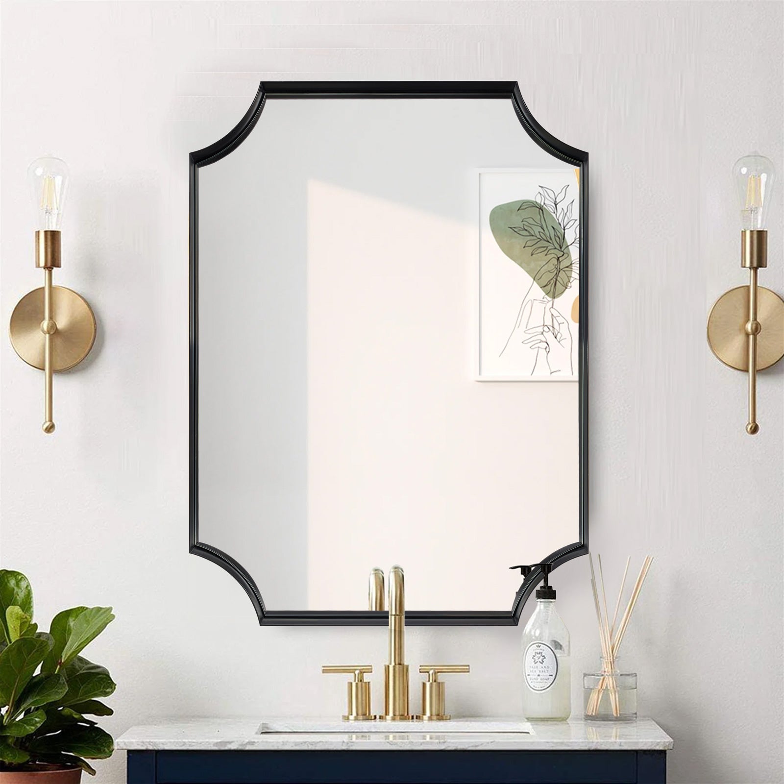 Notched Corner Metal Framed Scalloped Bathroom Wall Mirror Black