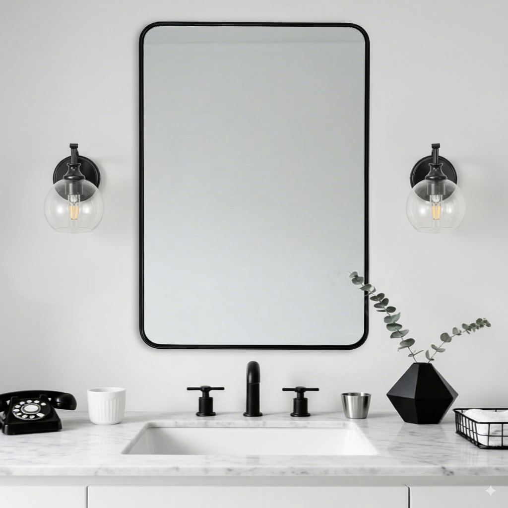 Contemporary Rounded Rectangular Bathroom Mirrors| Stainless Steel Thick Frame