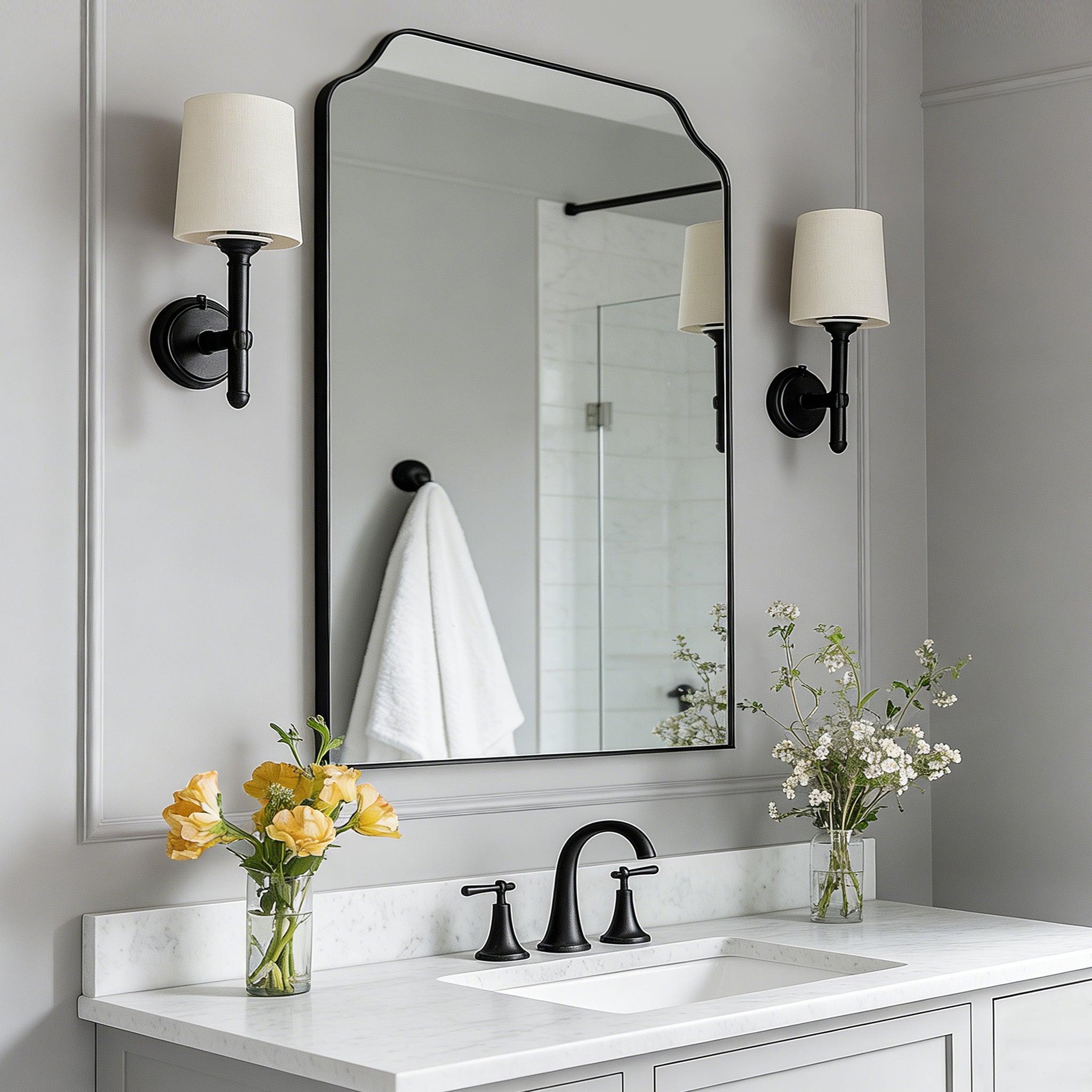 Modern Top Notched Corner Scalloped Bathroom Rectangle Vanity Wall Mirror | Stainless Steel Frame