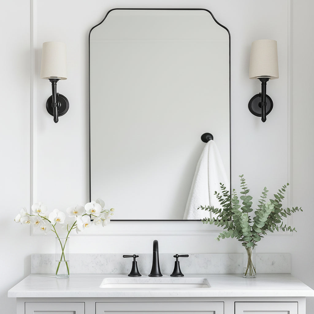 Modern Top Notched Corner Scalloped Bathroom Rectangle Vanity Wall Mirror | Stainless Steel Frame