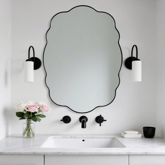 Contemporary Wavy Oval Scalloped Bathroom Vanity Mirror  Irregular Organic Mirror| Stainless Steel Framed