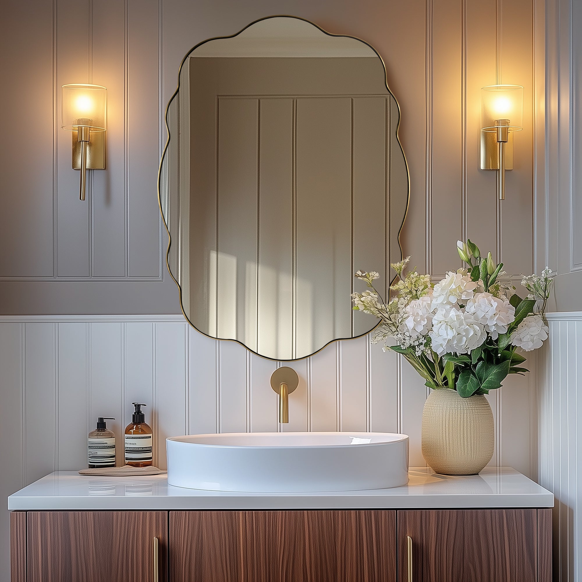 Contemporary Wavy Oval Scalloped Bathroom Vanity Mirror  Irregular Decorative Mirror| Stainless Steel Framed