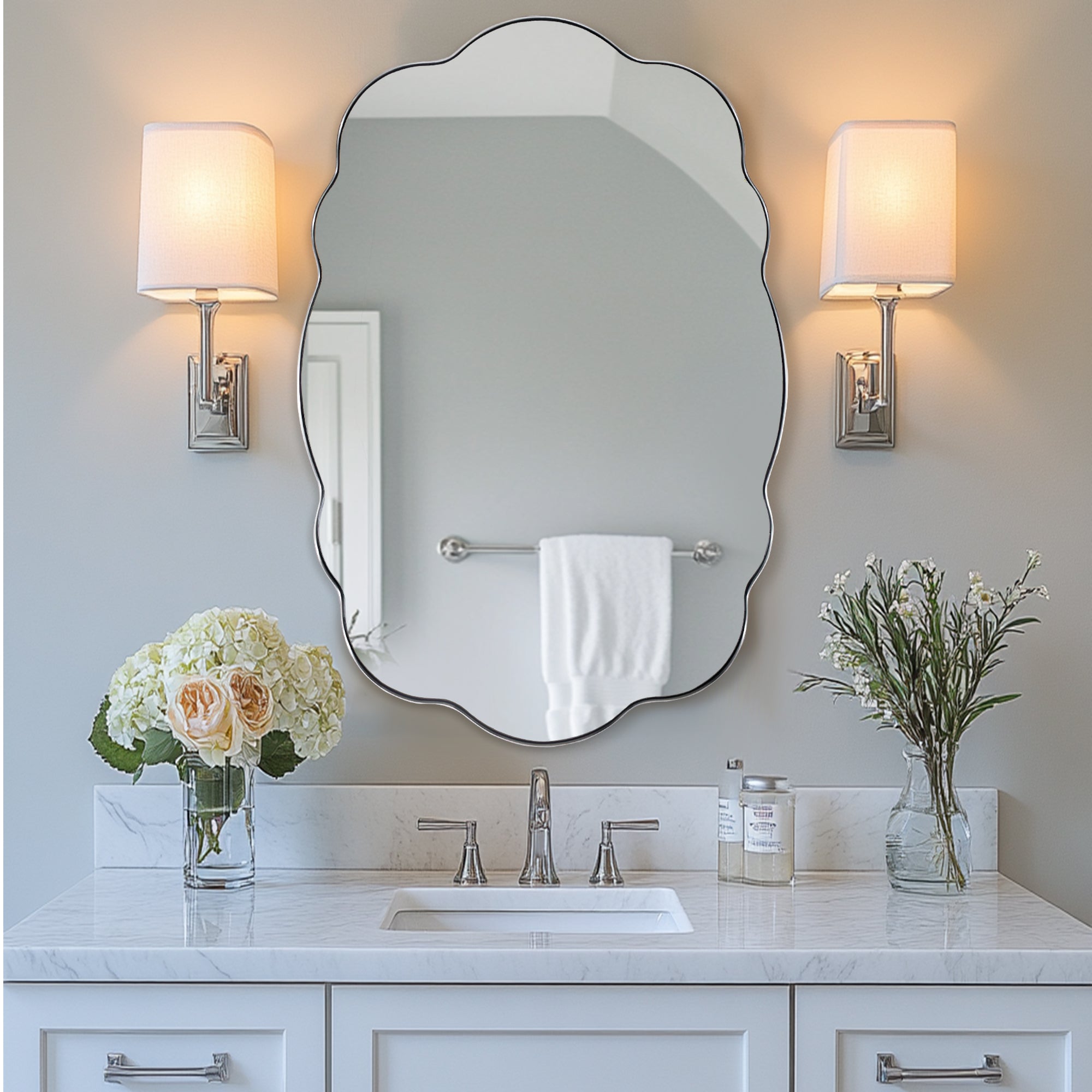 Contemporary Wavy Oval Scalloped Bathroom Vanity Mirror  Irregular Decorative Mirror| Stainless Steel Framed