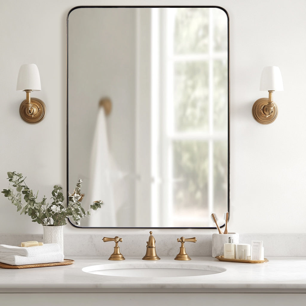 Open Box Like New : Modern Rounded Rectangle Mirror for Bathroom/ Vanity/ Wall | Stainless Steel Frame