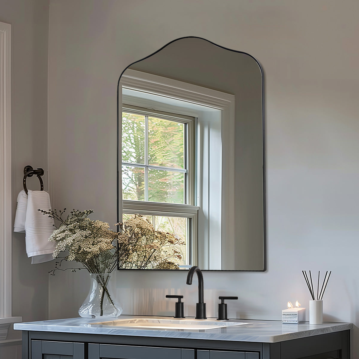 Contemporary Scalloped Arch Top Bathroom Mirror | Stainless Steel Frame