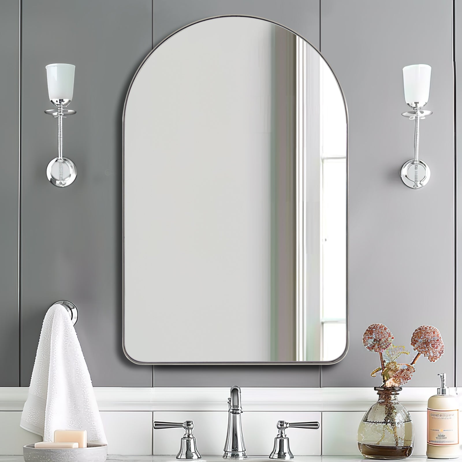 Contemporary Arched Bathroom Vanity Mirror Stainless Steel Frame Arch Top Wall Mirrors