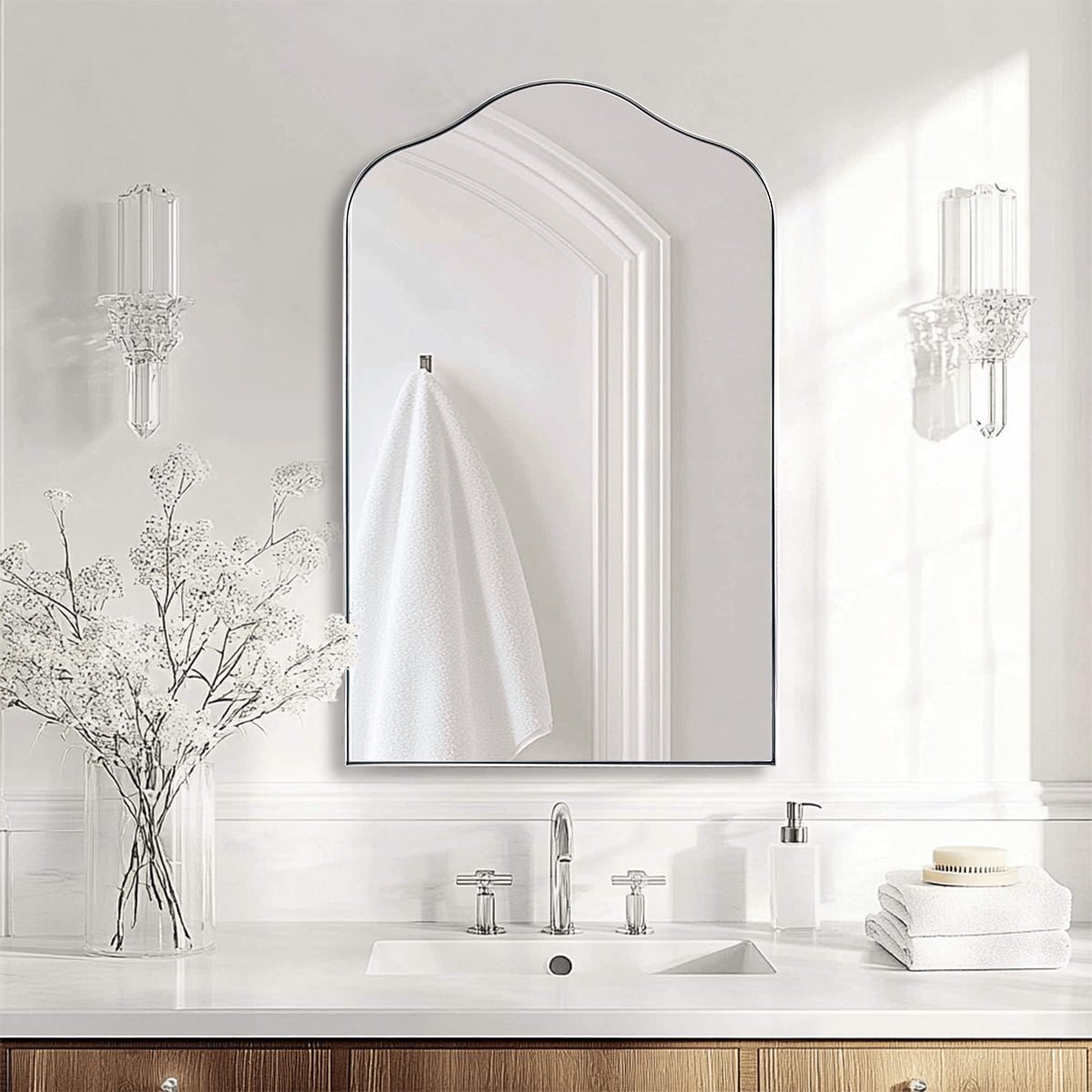 Contemporary Arch Top Curved Arched Bathroom Vanity Mirror | Stainless Steel Frame