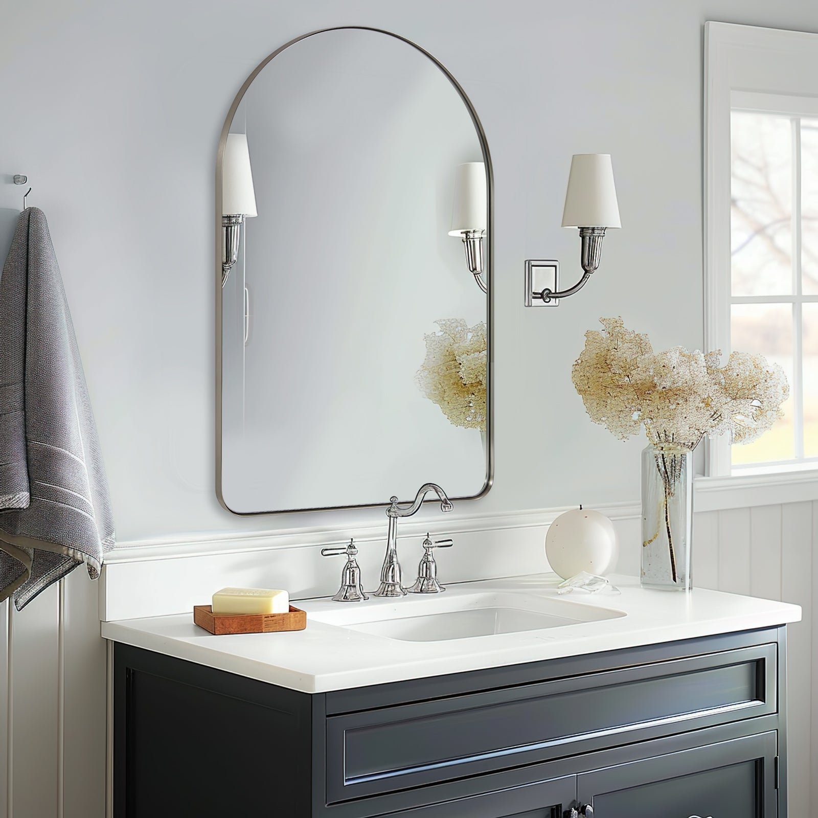 Contemporary Arched Bathroom Vanity Mirror Stainless Steel Frame Arch Top Wall Mirrors