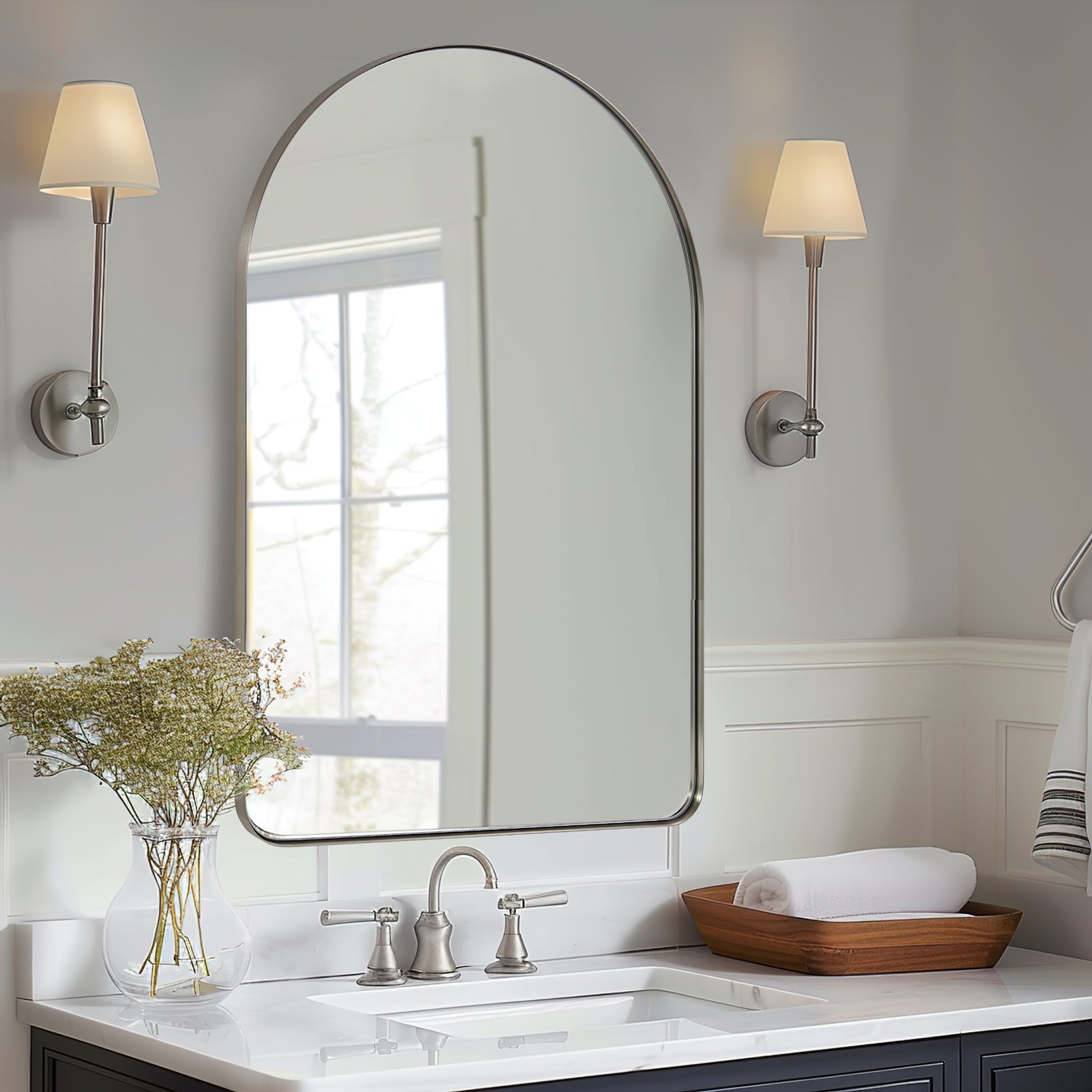 Contemporary Arched Bathroom Vanity Mirror Stainless Steel Frame Arch Top Wall Mirrors