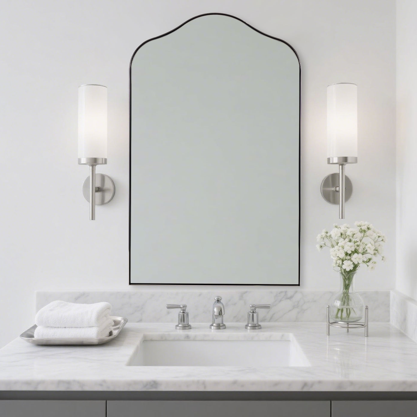 Contemporary Arch Top Curved Arched Bathroom Vanity Mirror | Stainless Steel Frame
