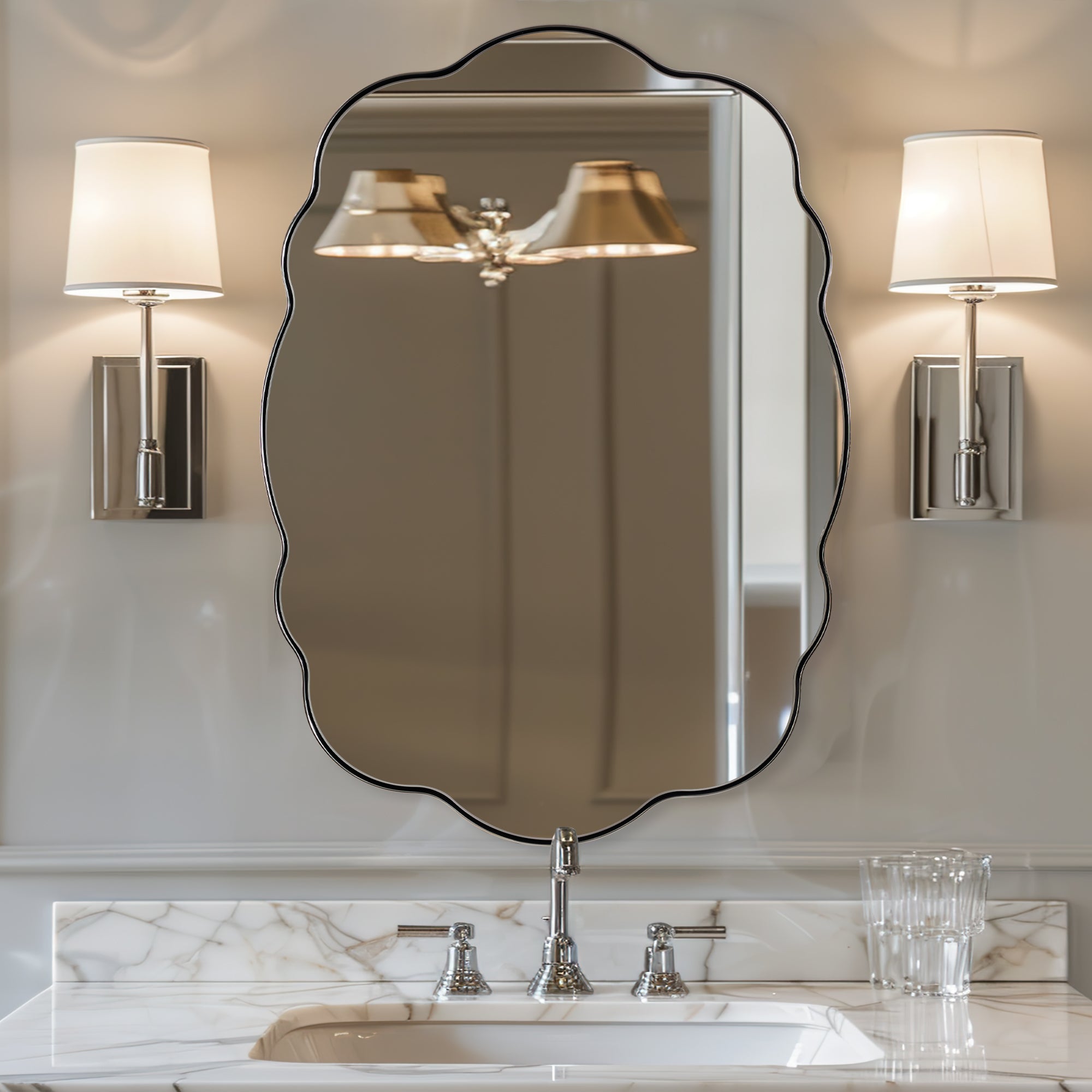 Contemporary Wavy Oval Scalloped Bathroom Vanity Mirror  Irregular Decorative Mirror| Stainless Steel Framed
