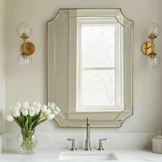 Modern Glass Tiles Edge Cut Corner Scalloped Bathroom Vanity Mirrors | Stainless Steel Frame