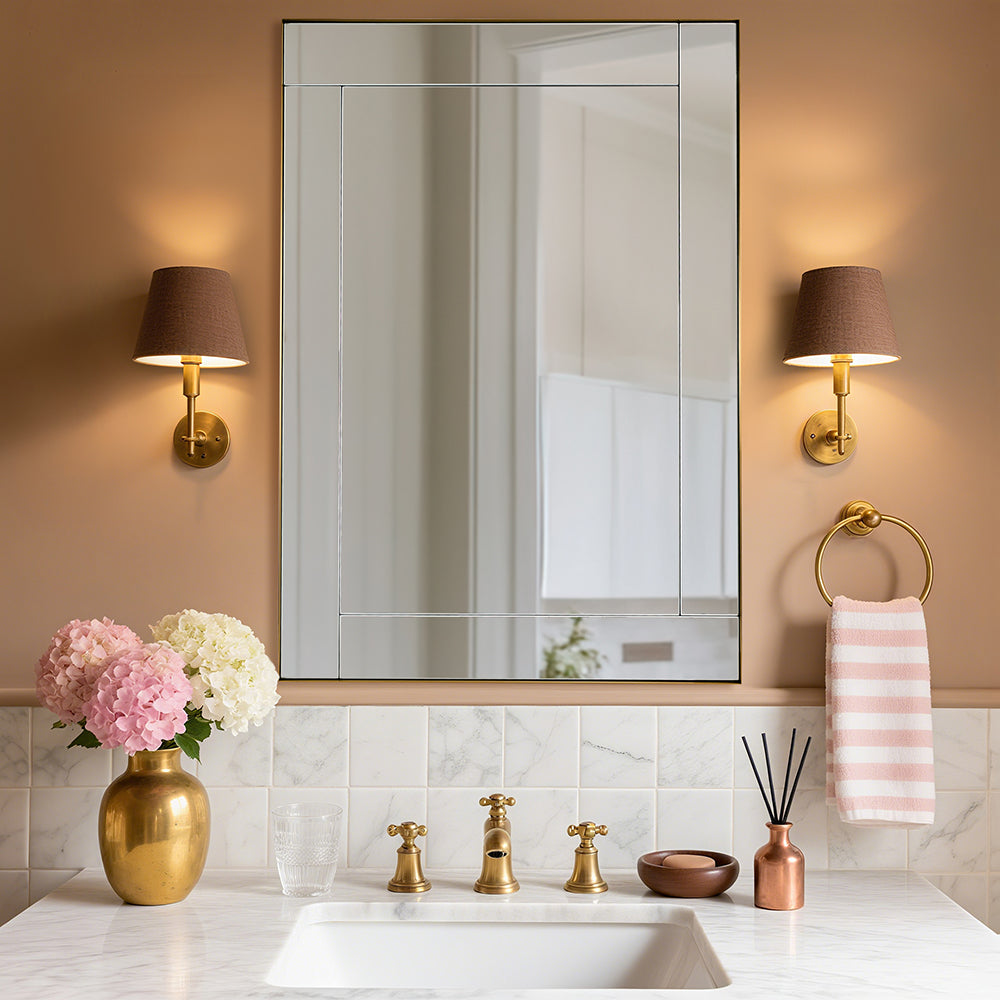 Contemporary Geometric Glass Tile Rectangular Bathroom Vanity Mirror | Stainless Steel Frame