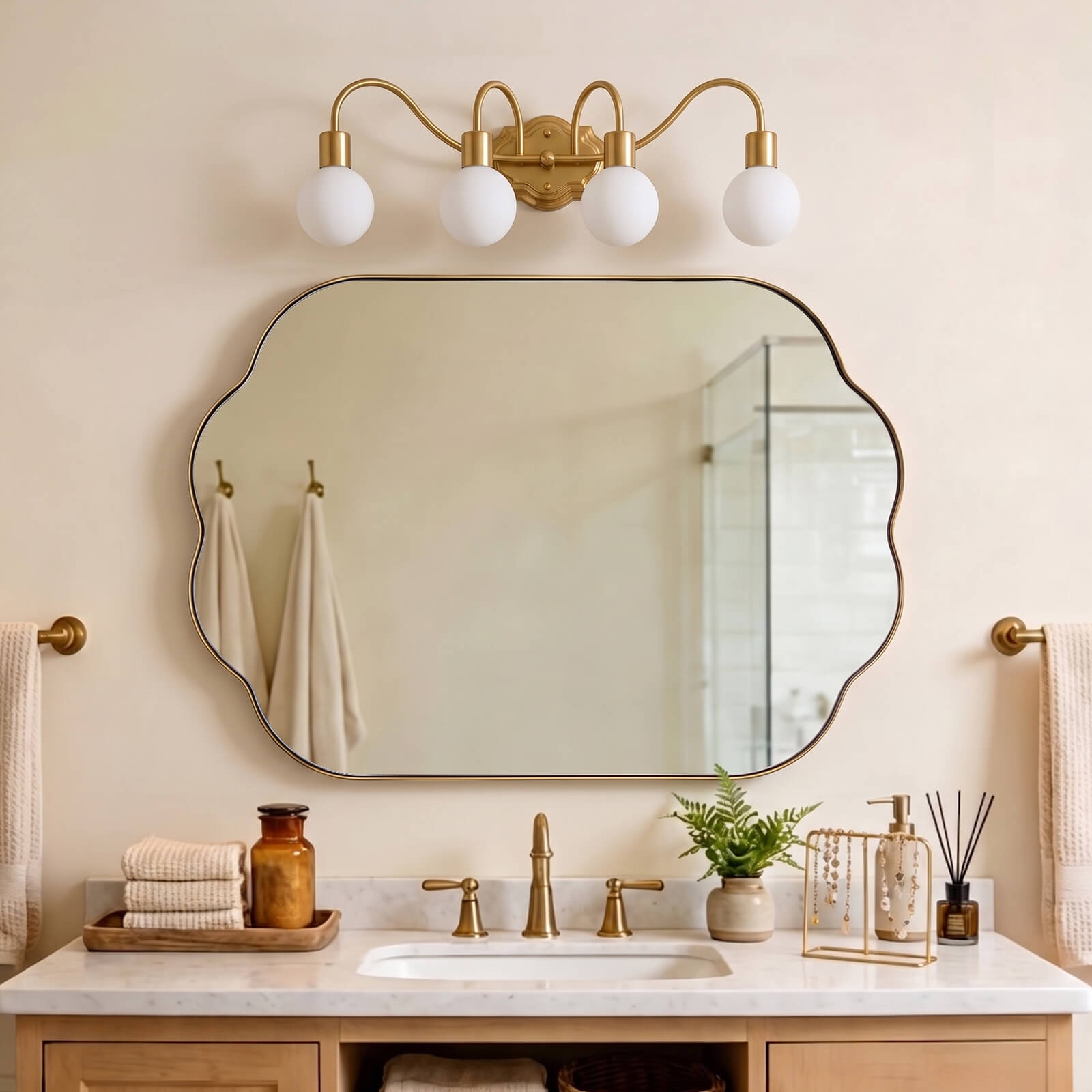 Contemporary Pill Shaped Long Oval Scalloped Bathroom Vanity Wall Mirror| Stainless Steel Framed