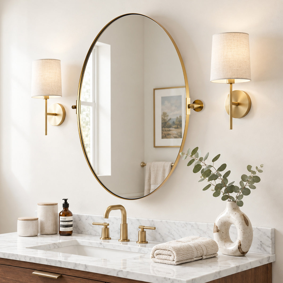 Oval Pivot Mirrors Adjustable Tilting Angle Floating  Bathroom Mirror| Stainless Steel Framed