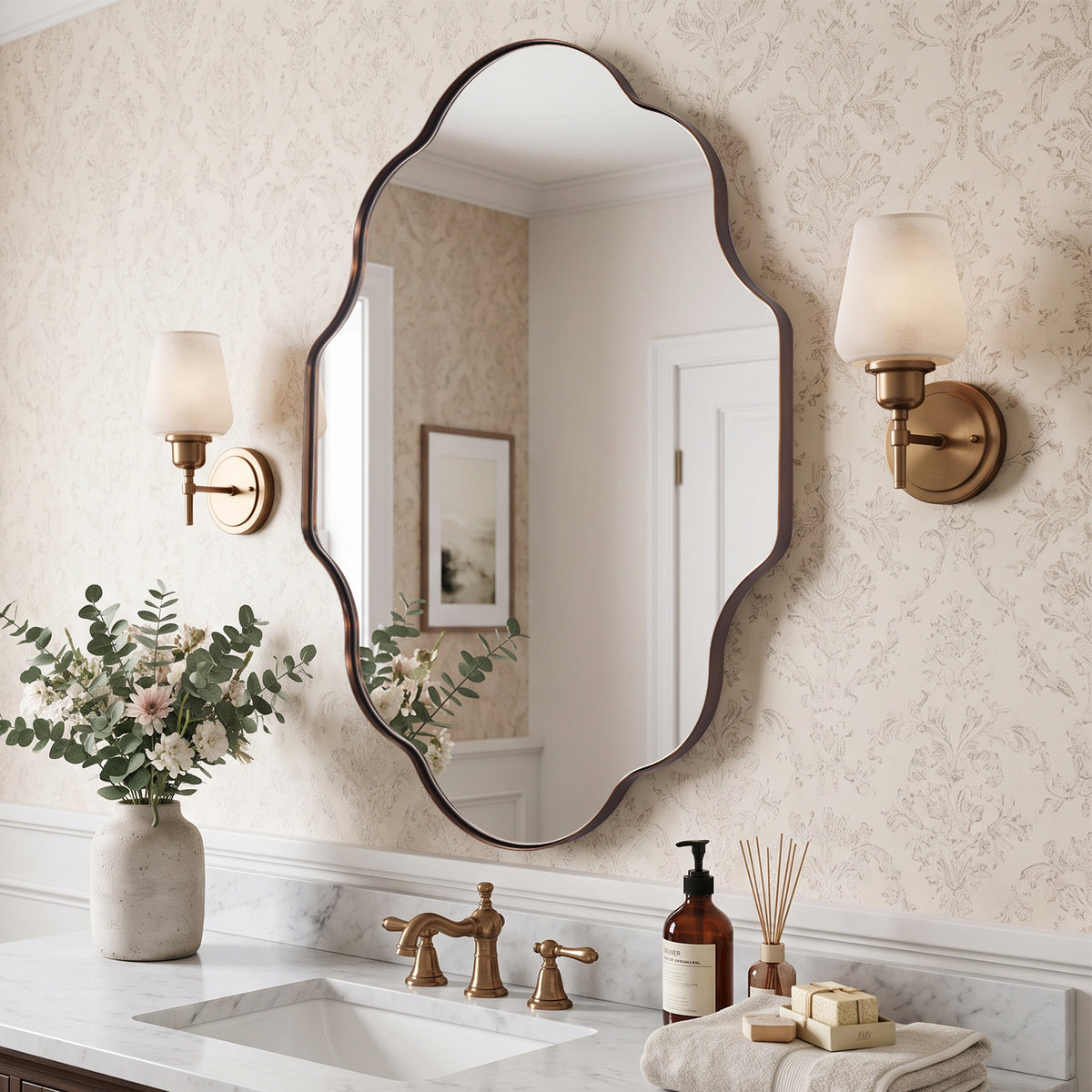 Modern Scalloped Oval Bathroom Vanity Mirror Wavy Wall Mirror | Stainless Steel Frame