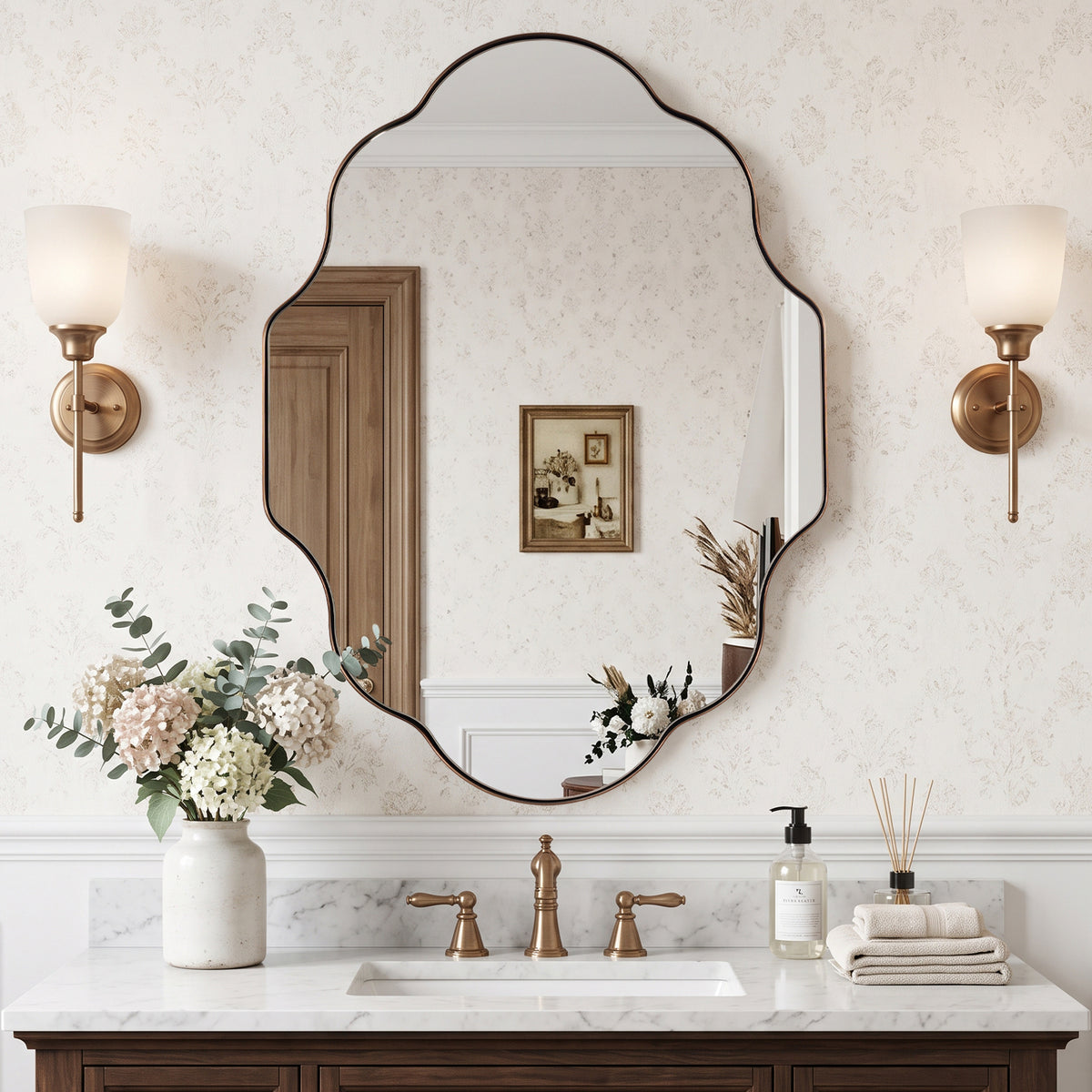 Modern Scalloped Oval Bathroom Vanity Mirror Wavy Wall Mirror | Stainless Steel Frame