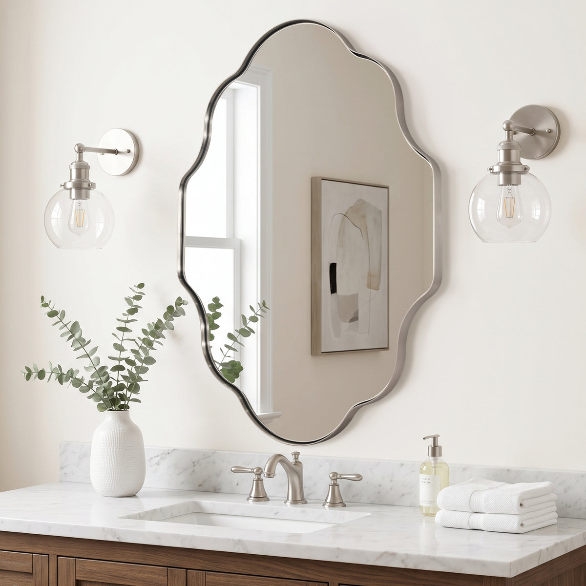 Modern Scalloped Oval Bathroom Vanity Mirror Wavy Wall Mirror | Stainless Steel Frame