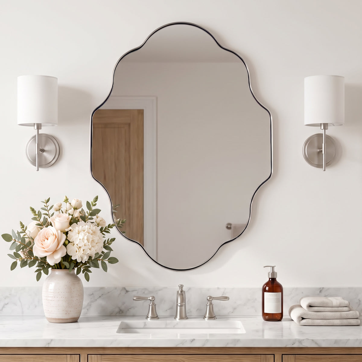 Modern Scalloped Oval Bathroom Vanity Mirror Wavy Wall Mirror | Stainless Steel Frame