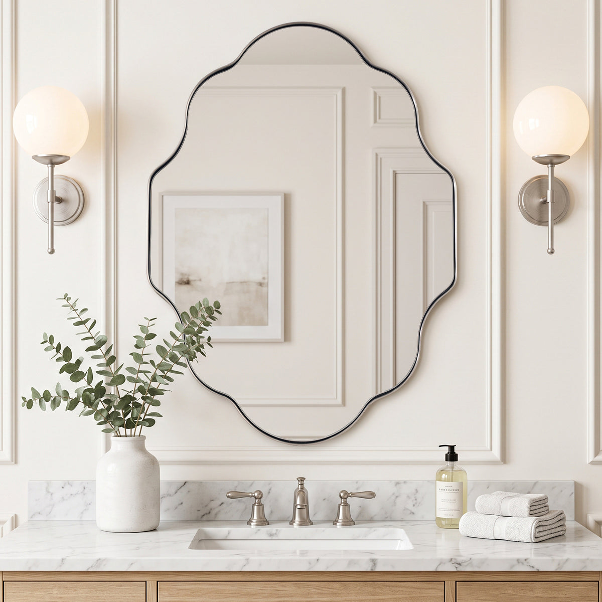 Modern Scalloped Oval Bathroom Vanity Mirror Wavy Wall Mirror | Stainless Steel Frame