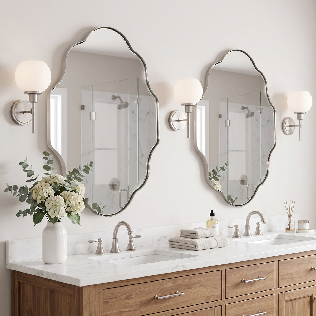 Modern Scalloped Oval Bathroom Vanity Mirror Wavy Wall Mirror | Stainless Steel Frame