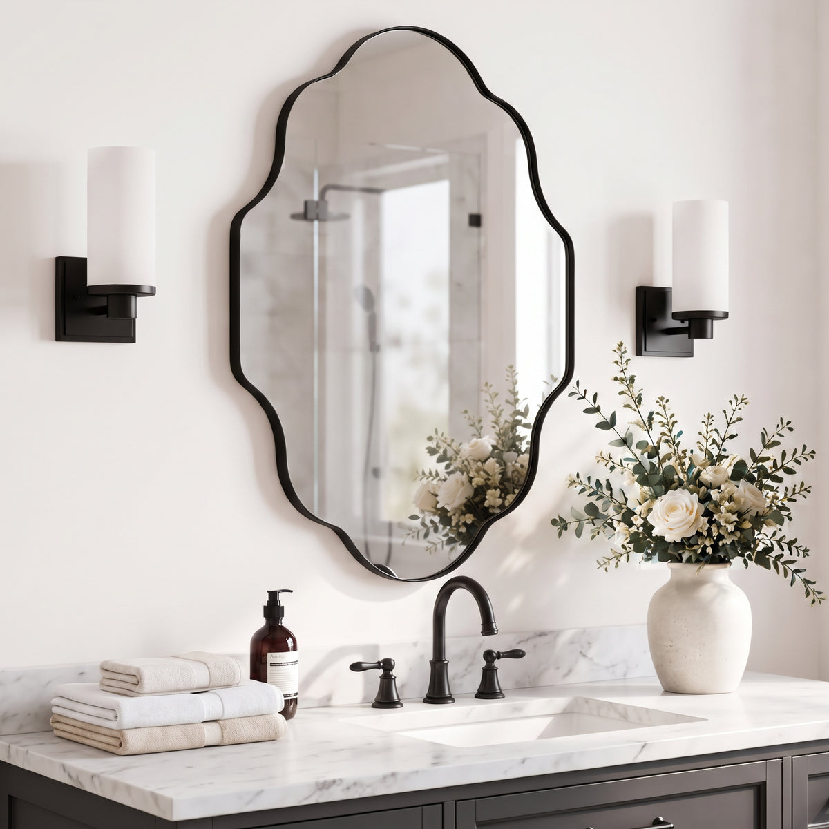 Modern Scalloped Oval Bathroom Vanity Mirror Wavy Wall Mirror | Stainless Steel Frame