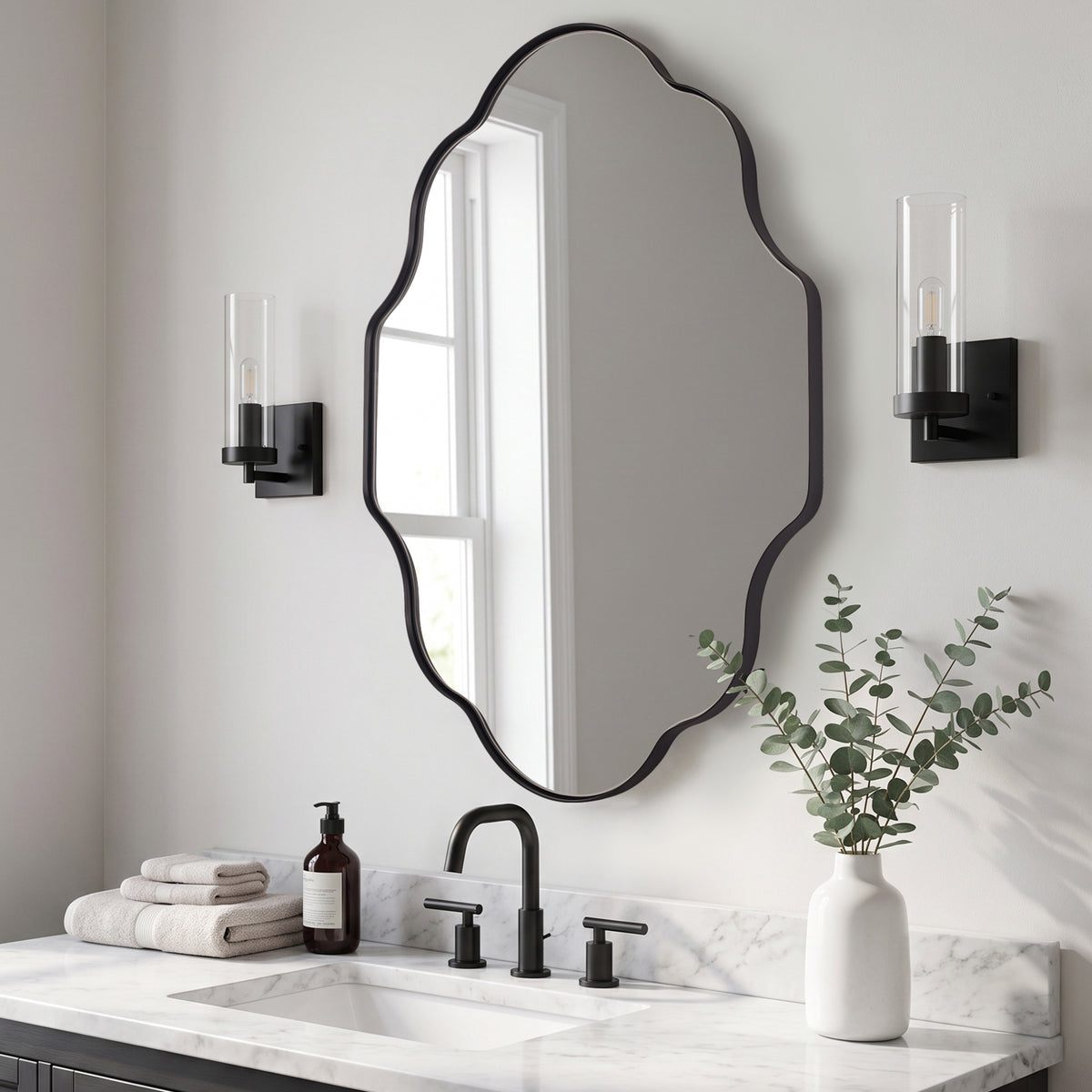 Modern Scalloped Oval Bathroom Vanity Mirror Wavy Wall Mirror | Stainless Steel Frame