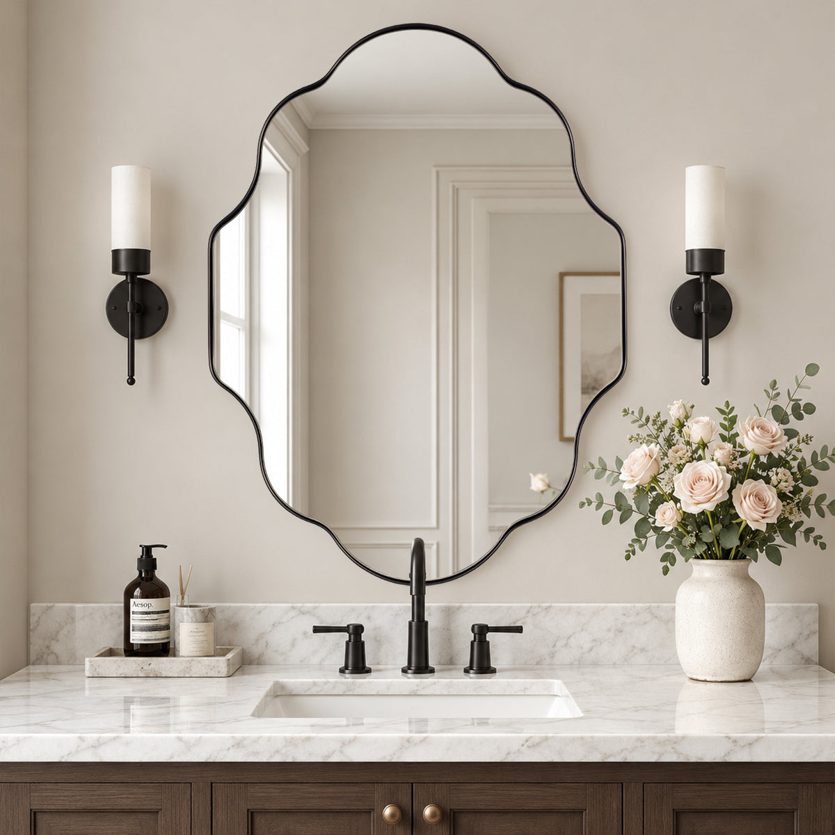 Modern Scalloped Oval Bathroom Vanity Mirror Wavy Wall Mirror | Stainless Steel Frame