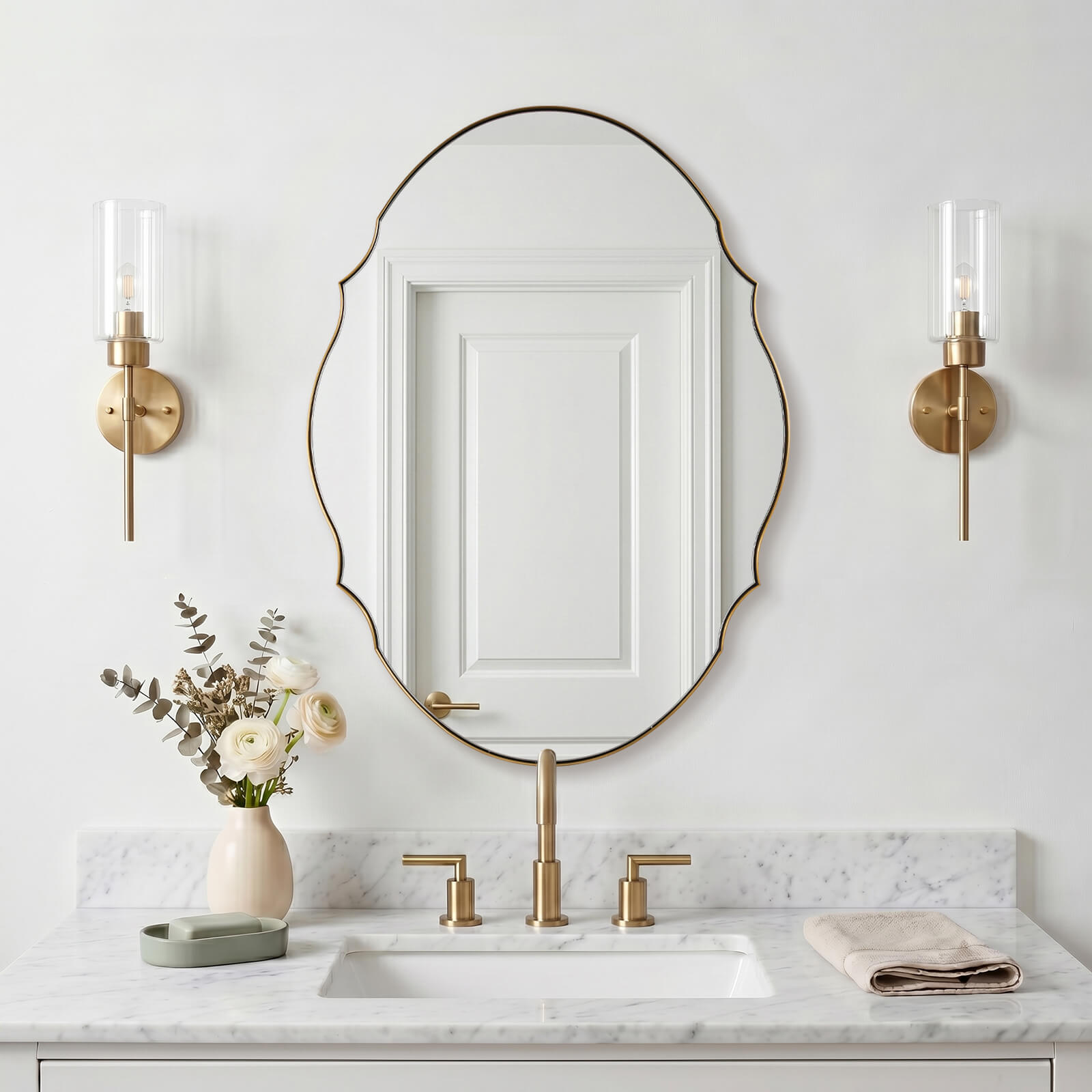 Contemporary Oval Scalloped Wall Mirror Irregular Bathroom Vanity Mirror| Stainless Steel Frame