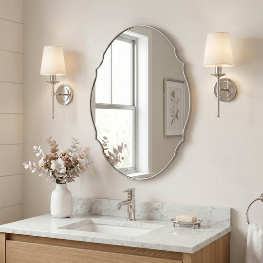 Contemporary Oval Scalloped Wall Mirror Irregular Bathroom Vanity Mirror| Stainless Steel Frame