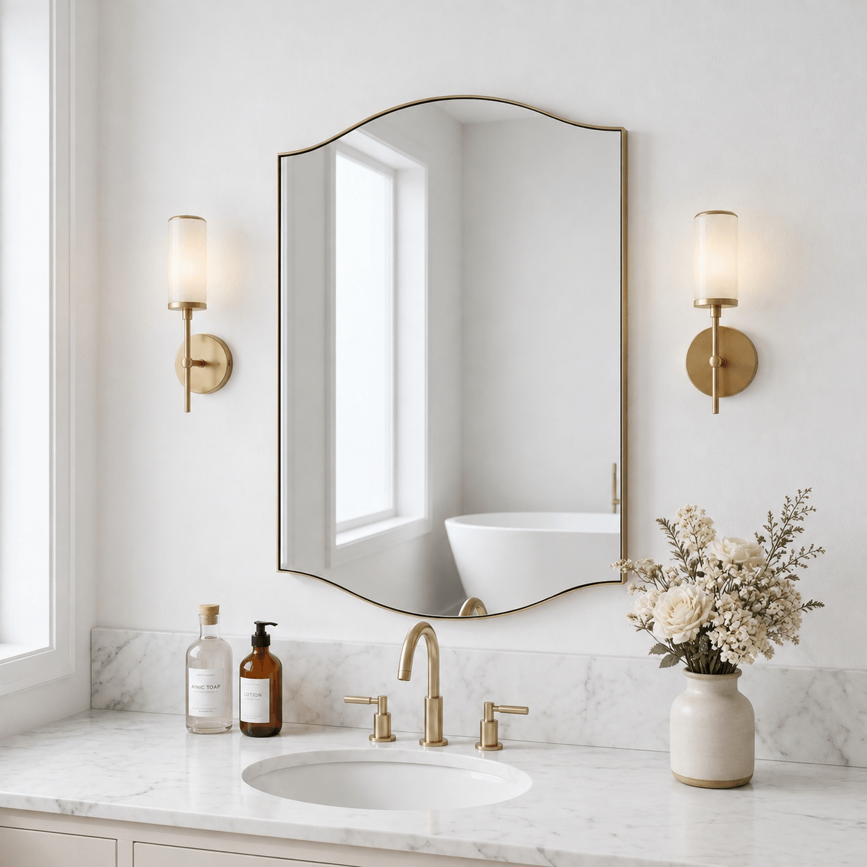 Dual Curve Arch Rectangular Scalloped  Bathroom Wall Mirror |Stainless Steel Framed
