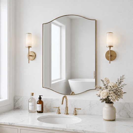 Dual Curve Arch Rectangular Scalloped  Bathroom Wall Mirror |Stainless Steel Framed