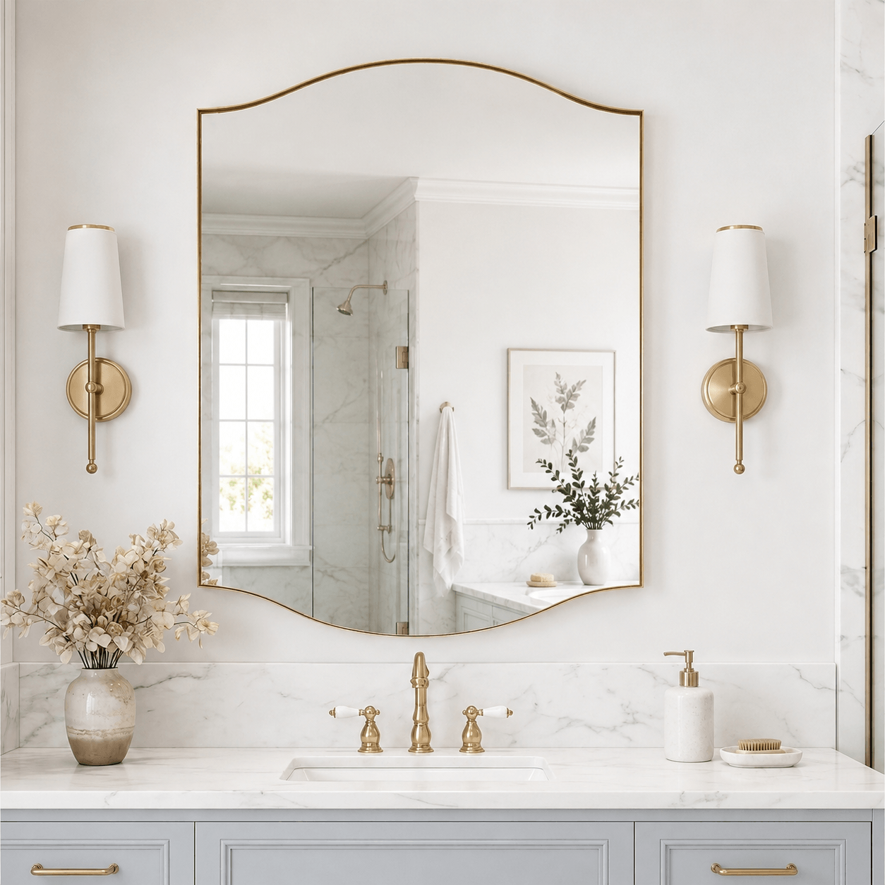 Dual Curve Arch Rectangular Scalloped  Bathroom Wall Mirror |Stainless Steel Framed