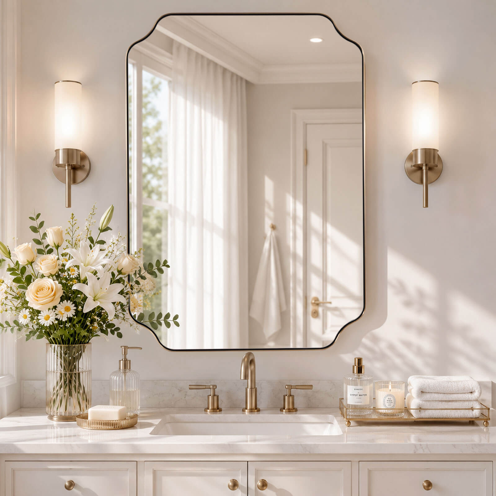 Contemporary Notched Corner Rectangle Scalloped Mirror for Wall /Bathroom | Stainless Steel Frame