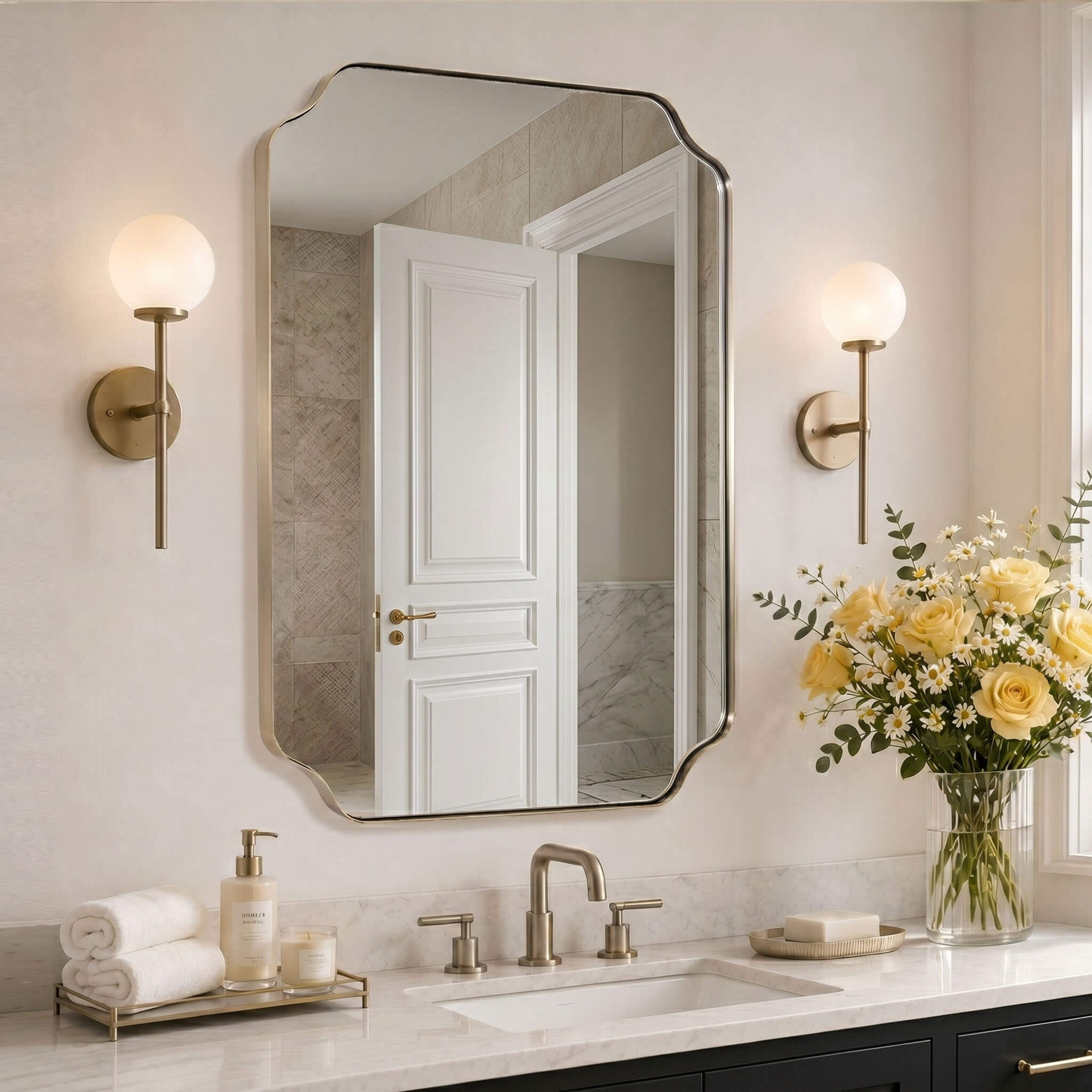Contemporary Notched Corner Rectangle Scalloped Mirror for Wall /Bathroom | Stainless Steel Frame