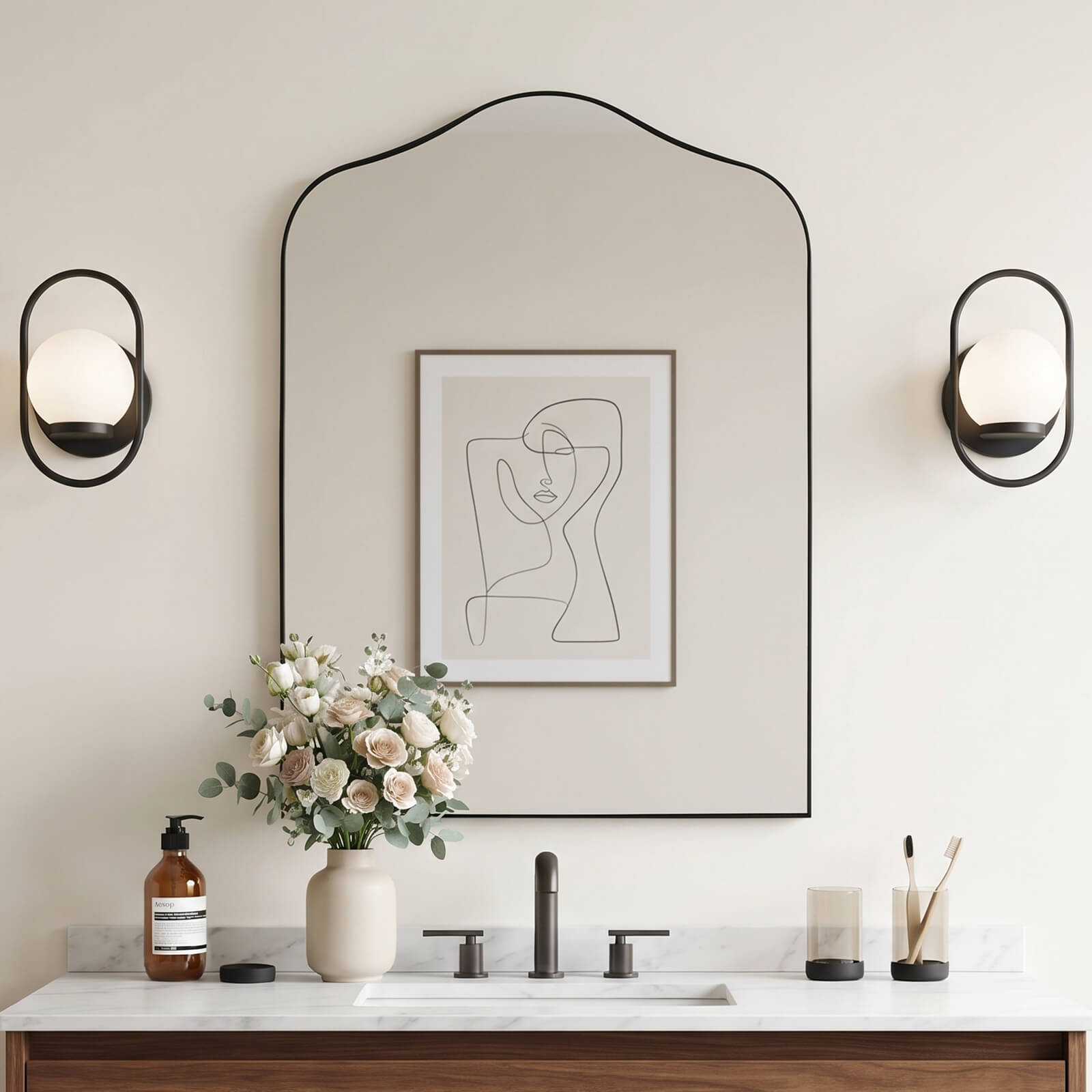 Contemporary Arched Scalloped Bathroom Vanity Mirror | Stainless Steel Frame