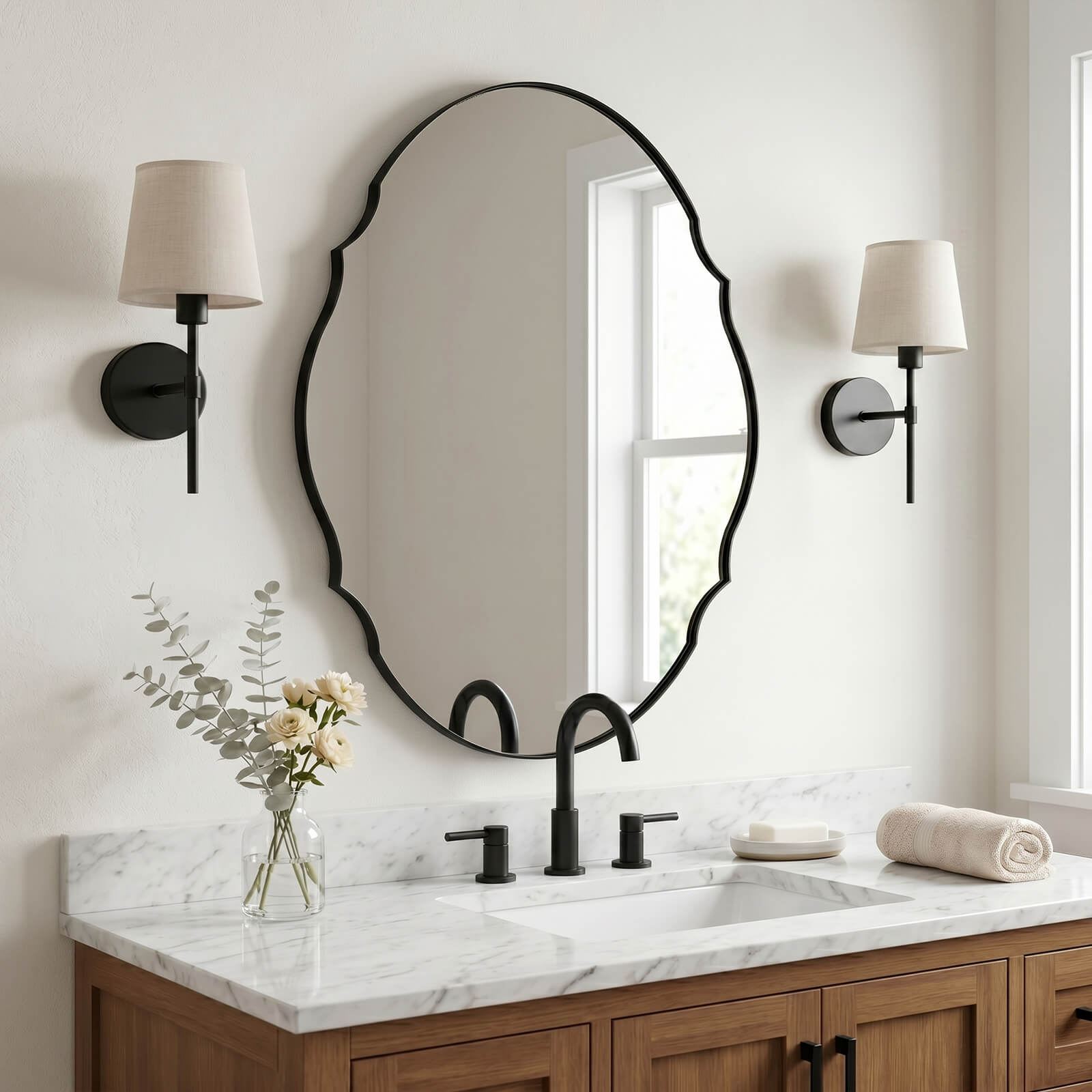 Contemporary Oval Scalloped Wall Mirror Irregular Bathroom Vanity Mirror| Stainless Steel Frame