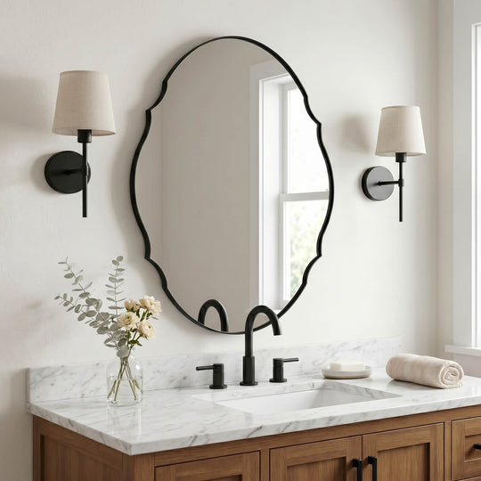 Contemporary Oval Scalloped Wall Mirror Irregular Bathroom Vanity Mirror| Stainless Steel Frame